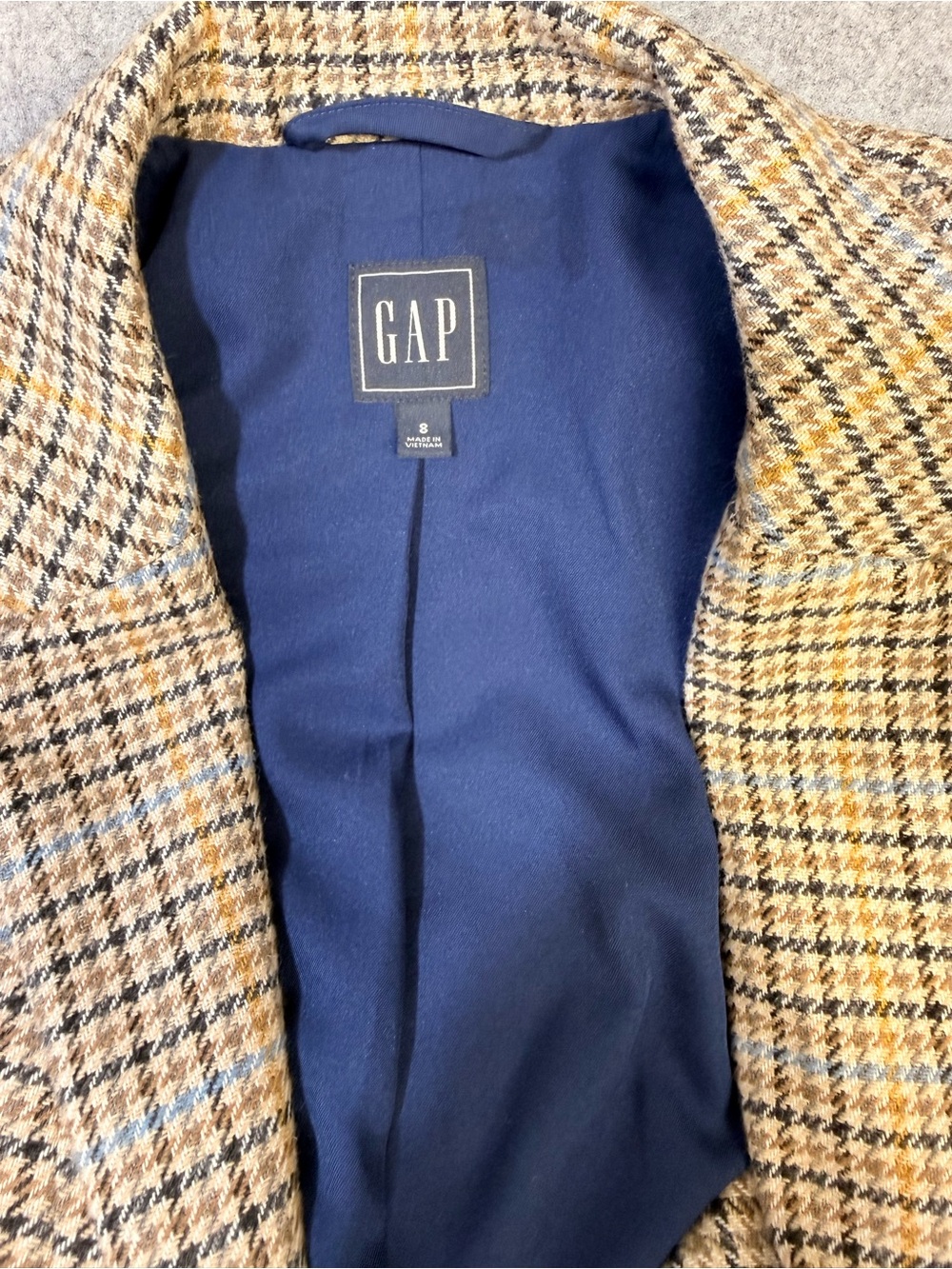 GAP Double Breasted Plaid Blazer Size 8 Wool Blend Houndstooth Blue Lined - Picture 9 of 11